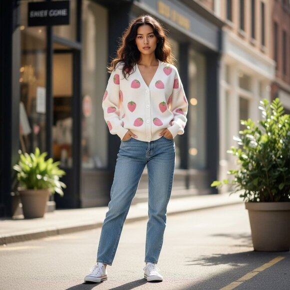 Forever 21 Strawberry Print Cream Cardigan Oversized Fit Medium - Picture 2 of 5